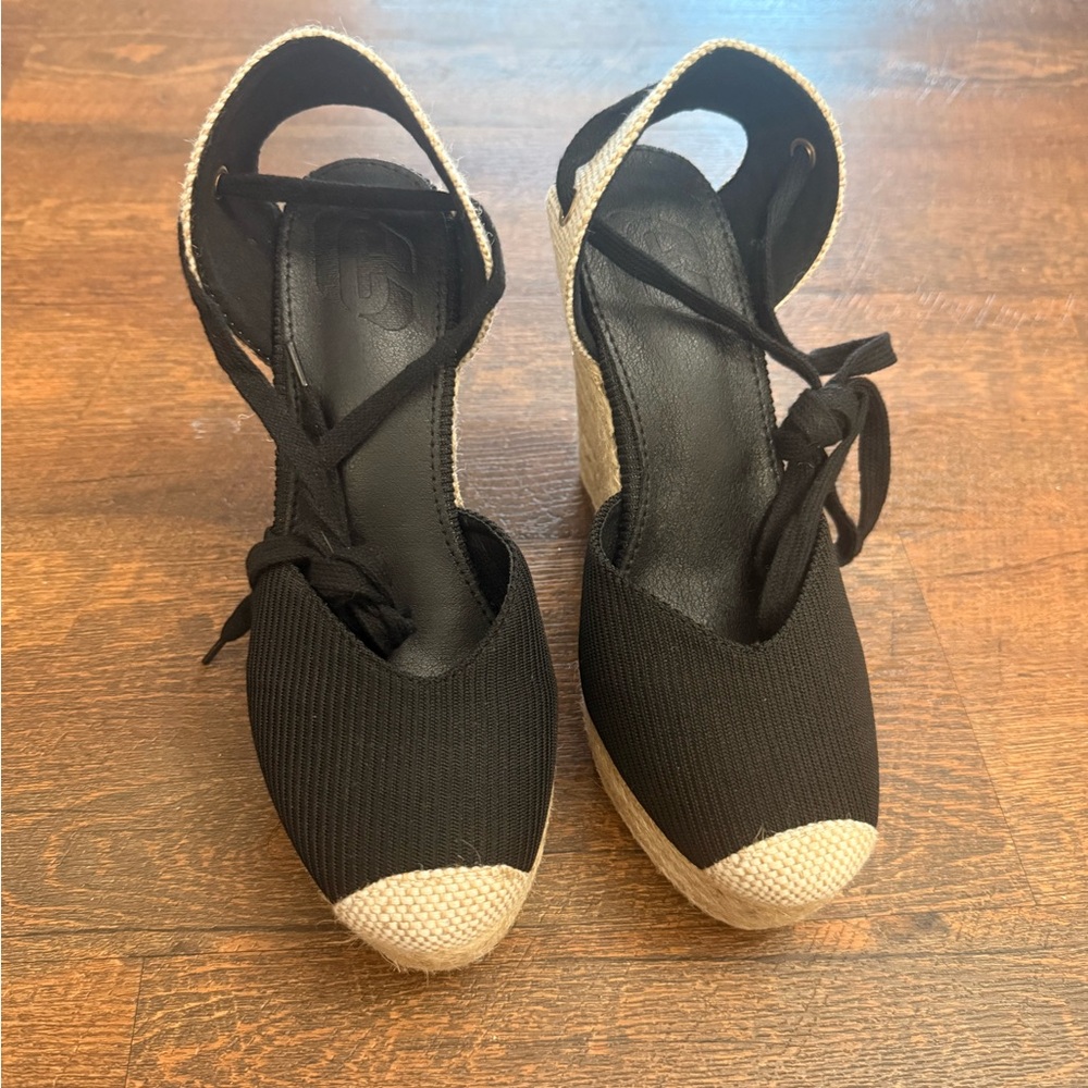 Black and Natural Women’s Espadrille Wedge Sandals - Picture 3 of 5